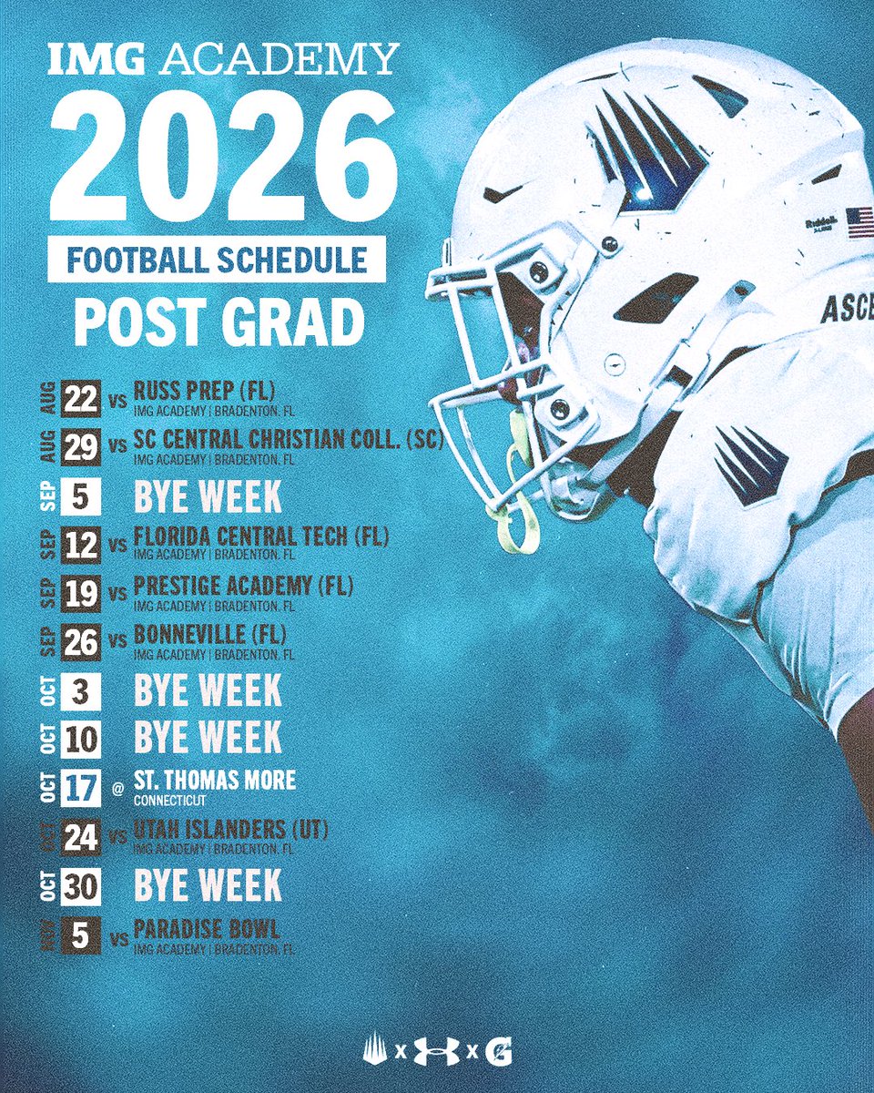 IMGAFootball's tweet photo. It's official. 📅

The 2026 IMG Academy Football season is on the calendar. See you under the lights. 🏈✨ https://t.co/t8zEo0HYNv