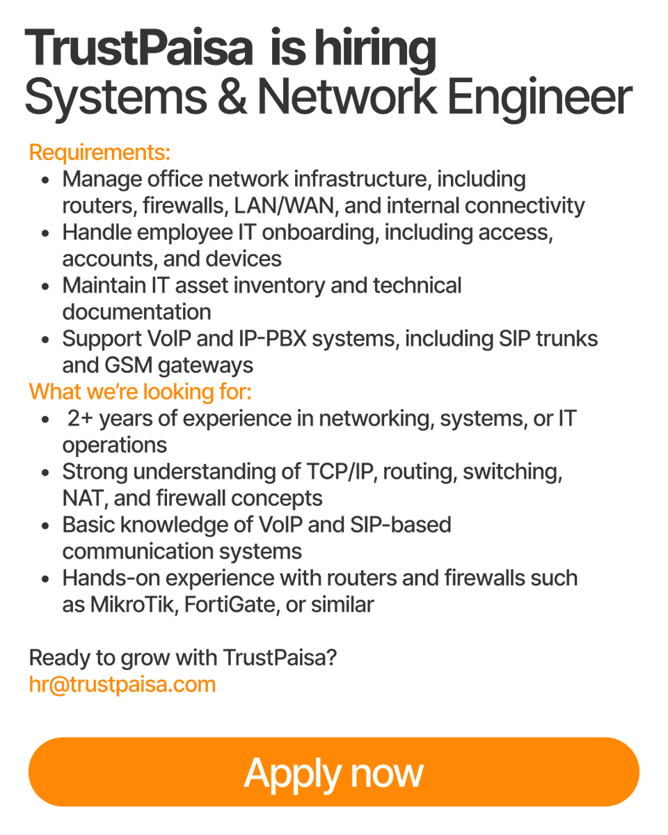 TrustPaisa's tweet photo. We're looking for a System & Network Engineer to help build, secure, and optimize our IT infrastructure.
#Trustpaisa #Fingular #Fintech #Hiring #SystemEngineer #NetworkEngineer #TechJobs #ITCareers #BangaloreJobs #Networking https://t.co/3V3lA8EBiT