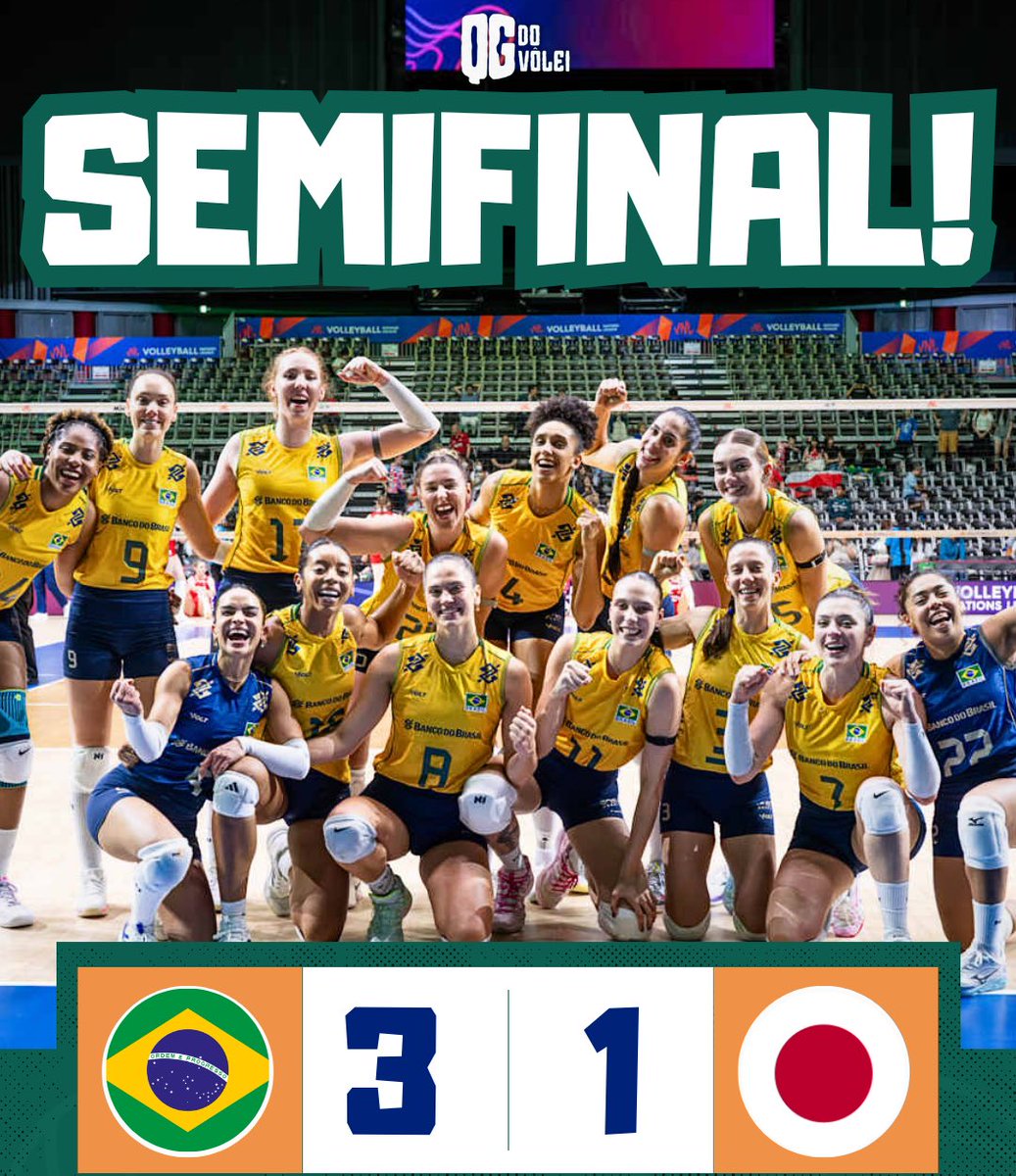 QGdoVolei's tweet photo. 🇧🇷 Brasil derruba o Japão e avança!

Após perder o 1º set, a Seleção reagiu e venceu o Japão por 3x1 (24-26, 25-22, 25-16 e 25-20), garantindo vaga na semifinal. 

O grande destaque foi o bloqueio brasileiro, que neutralizou o ataque japonês nos momentos decisivos. https://t.co/eFGMZUEdwi