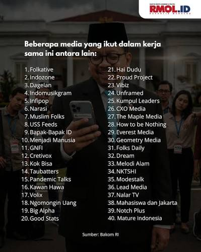 DictatesTempo's tweet photo. banyak yg heran, "kenapa kok demo sekarang jarang diberitakan di media massa."

kita perlu flashback lagi ke 6 Mei 2026, yang mana pada tanggal tsb, Badan Komunikasi Pemerintah (Bakom) RI secara resmi menggandeng puluhan platform digital yang tergabung dalam New Media Forum untuk "memperkuat strategi komunikasi publik".

silahkan anda bisa menilainya sendiri