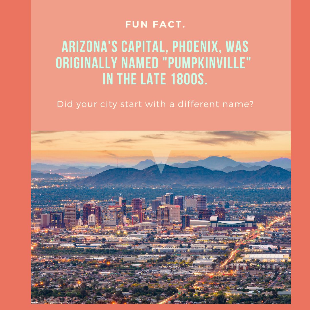 JMeierWestplex's tweet photo. Random city fact: Arizona's capital, Phoenix, was once called "Pumpkinville" in the late 1800s. 😮

There weren’t even any pumpkin growers—just melons that looked like pumpkins! 😅

#FunFacts #Arizona #Phoenix #PumpkinVille #CityNames #AmericanCities https://t.co/o2uTvQuxMc