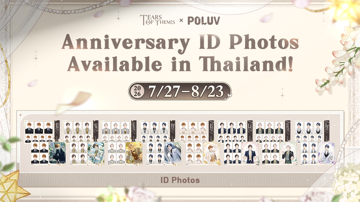 TearsofThemisEN's tweet photo. #TearsOfThemis × @MoshiMoshiTH × @poluv_official 5th Anniversary Special Collaboration

Starting 2026/7/27, 5th Anniversary ID photos will be available at Thailand stores!

View Details: https://t.co/f3FgxvzJP0

#ToT5thAnniv #ToTWedding https://t.co/6C8qsOnfIU