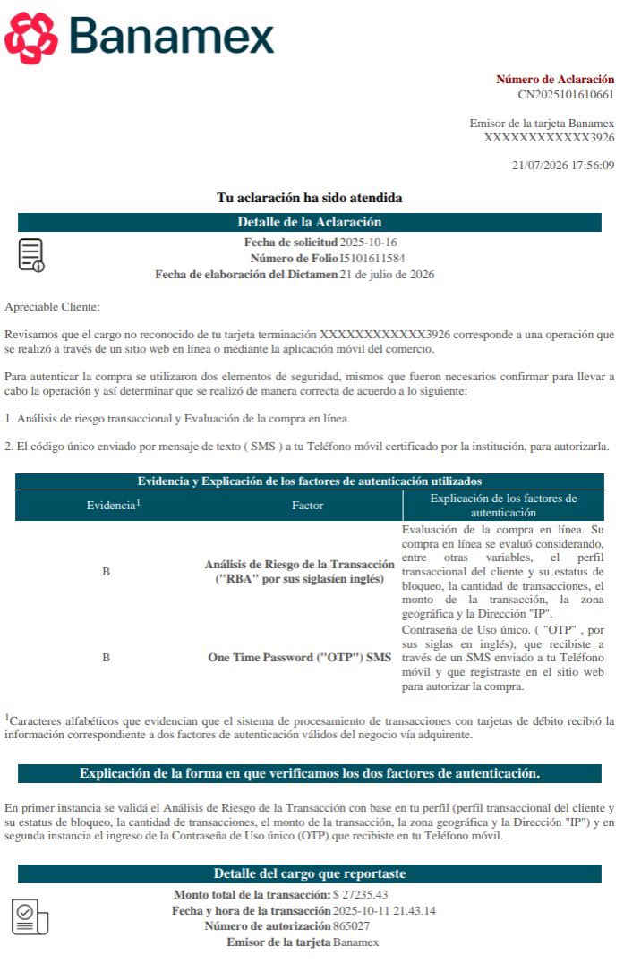 ELMANU_SAN's tweet photo. ¿De qué sirve la ley? @CondusefMX ordenó a @BanamexContacto (Exp.2025/350/18031) borrar cargo robado de $27,235.43. El banco ignora la orden federal y cínicamente me rechaza la aclaración en Buró de Crédito. ¡Exijo solución con folio I5101611584! @Hacienda_Mexico #FraudeBanamex https://t.co/UL4bonkeau