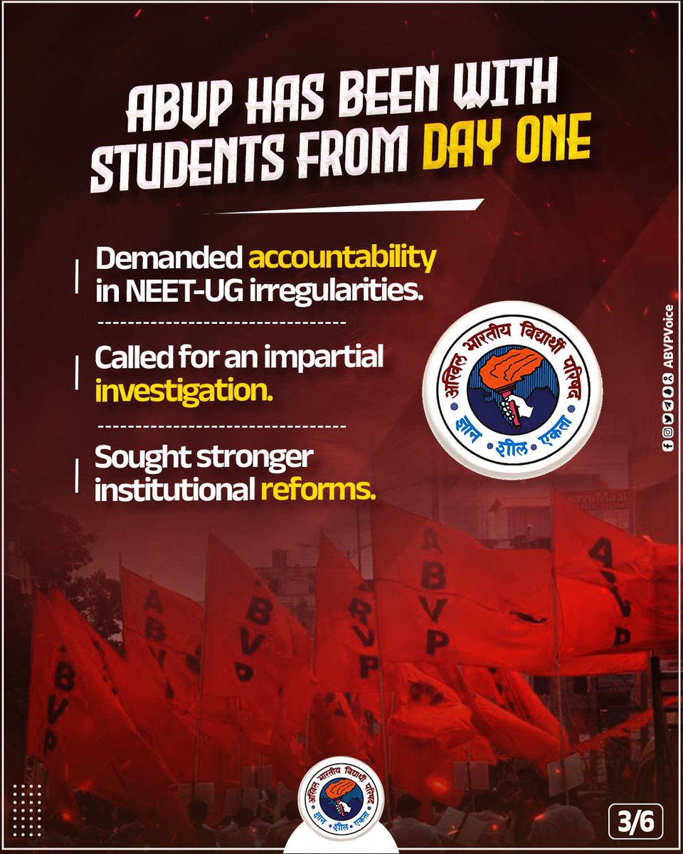 ABVPVoice's tweet photo. Students deserve justice, not violence.

ABVP has always stood with students, demanding transparency, accountability, and reforms in the examination system.

But violence, vandalism, and political exploitation cannot be the path to justice. (1/2) https://t.co/VNXRgQYV3y