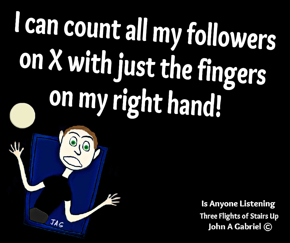 JohnGLaughs's tweet photo. I can count all my followers on X with just my fingers! John Gabriel and Is Anyone Listening.  #followers #follow #social #media #X #twitter #jokes #funny #laugh #laughter #laughing #humor #humorous #satire #droll #comic #comical #comedian #smile #witticism #wisecrack https://t.co/e9nJkrs3Lm