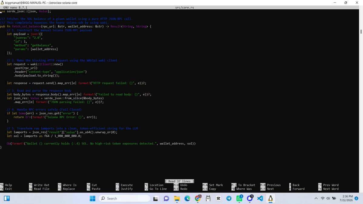 bigg_manuel's tweet photo. Phase 2 locked in for the @SuperteamEarn x ZeroClaw bounty. 🦞

Kept the architecture strictly "Pure Core". Bypassed the heavy solana-sdk entirely. Implemented manual JSON-RPC payload assembly and routed it through waki for clean WASIp2 HTTP execution.

Next up: Wrapping it in the thin WIT shim for the LLM interface. The infrastructure is coming together. 🦀⚡ #Solana #RustLang #ZeroClaw @SuperteamBR  @zeroclawlabs 

https://t.co/j8cLBswnfa