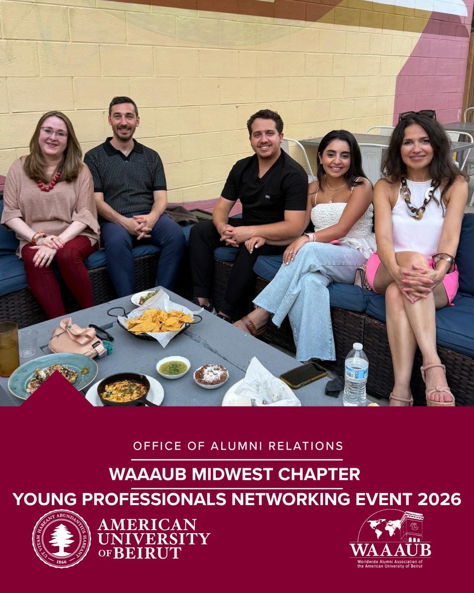 AUBAlumni's tweet photo. The WAAAUB Midwest Chapter gathered young alumni at Barcocina in Chicago, Illinois on July 15, 2026, for an evening of professional networking. It was a great chance to reconnect with familiar faces and meet new ones! #AUBProud #AUBAlumni https://t.co/5mHUrnlmJ8