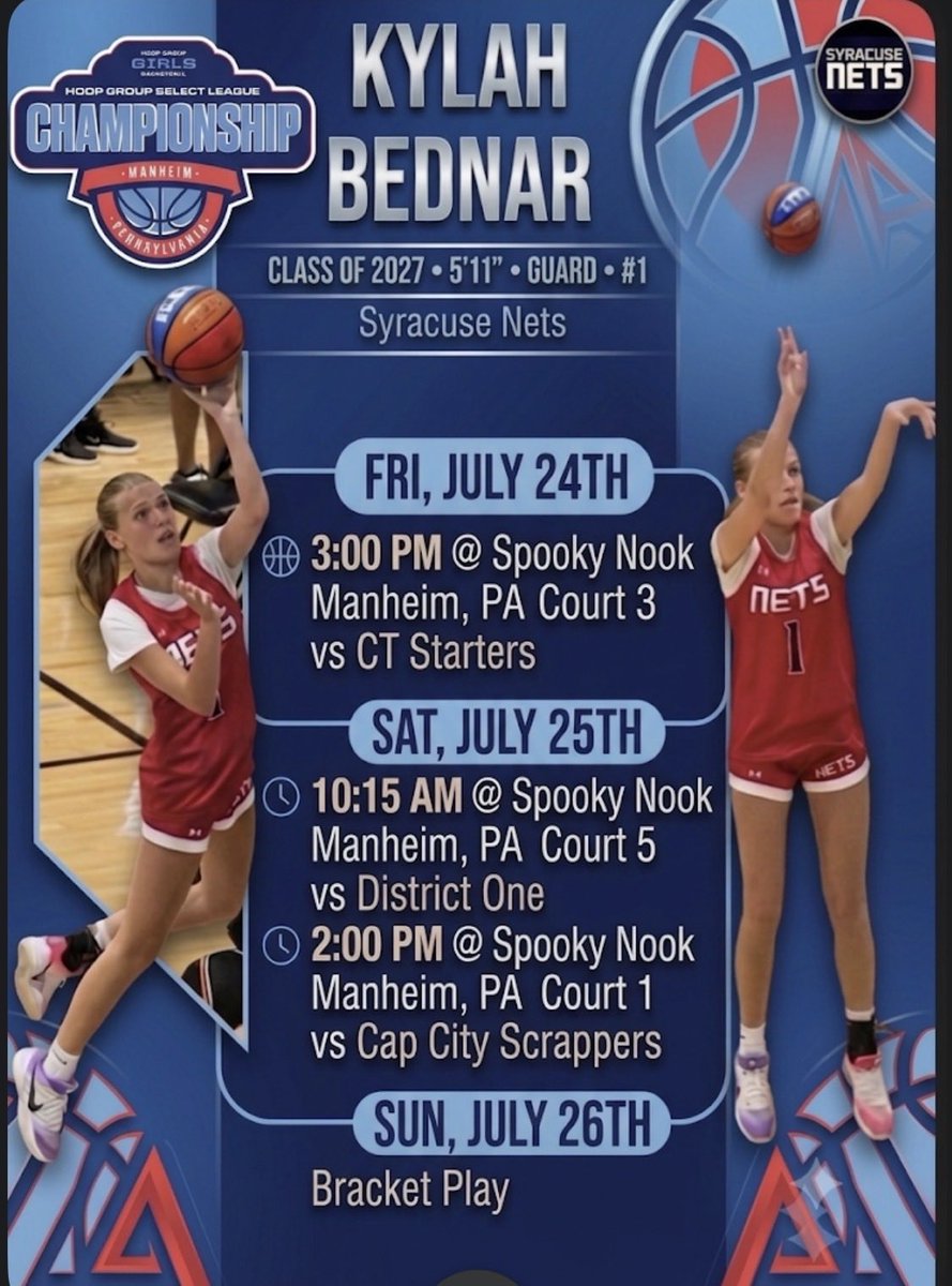 kylahbednar3's tweet photo. My last one. Let’s make it an amazing one! 

Here’s my schedule for the Hoop Group Select League Championship. @SyracuseNetsAAU https://t.co/TQHGu8loXO