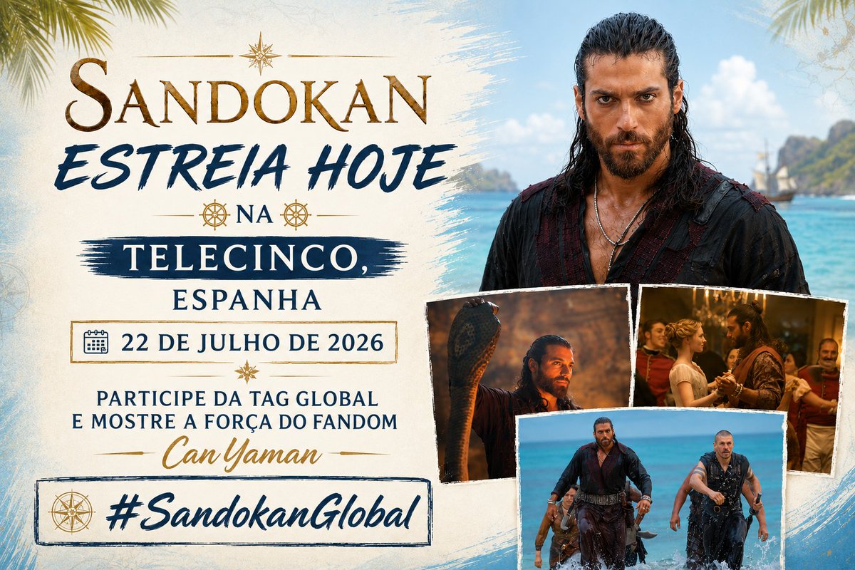 suportecanyaman's tweet photo. A contagem regressiva chegou ao fim! Hoje, 22 de julho, às 23h da Espanha🇪🇸 e 18h do Brasil🇧🇷, acontece a grande estreia de Sandokan na Espanha, pela Telecinco. ✨⚔️

Vamos mostrar mais uma vez a força do fandom! 💪

📲 Participe da TAG global e publique conteúdos sobre Sandokan usando a hashtag oficial no horário combinado (🇧🇷 a partir das 17h). #SandokanGlobal

Cada postagem ajuda a aumentar a visibilidade da estreia e demonstra o apoio dos fãs ao redor do mundo.

Juntos, vamos fazer muito barulho por Sandokan! 🌍🏴‍☠️
#Sandokan #CanYaman