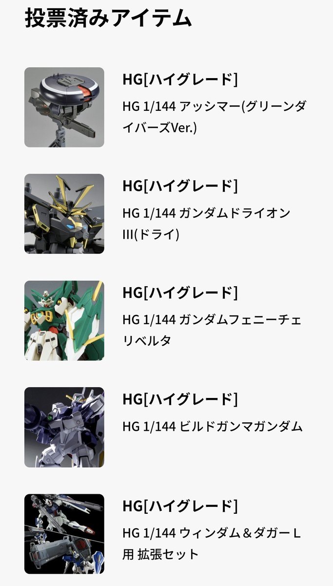 ohayasu25368's tweet photo. プレバンのガンプラ総選挙に投票完了
選ばれないだろうけどワイの欲望を可視化した https://t.co/X2agnov8Dc