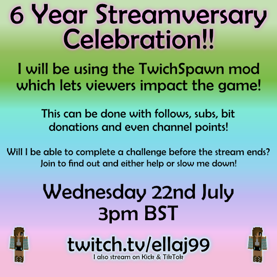 officialellaj99's tweet photo. 6 Year Streamversary Celebration!!
https://t.co/l1KKuL0Xgt
#twitch #gaming #streamer #TwitchSpawn #celebration #minecraft #Giveaway #Vtuber #live #streaming #viewerinteraction #scavengerhunt #itemhunt https://t.co/AxTQMLrq6E