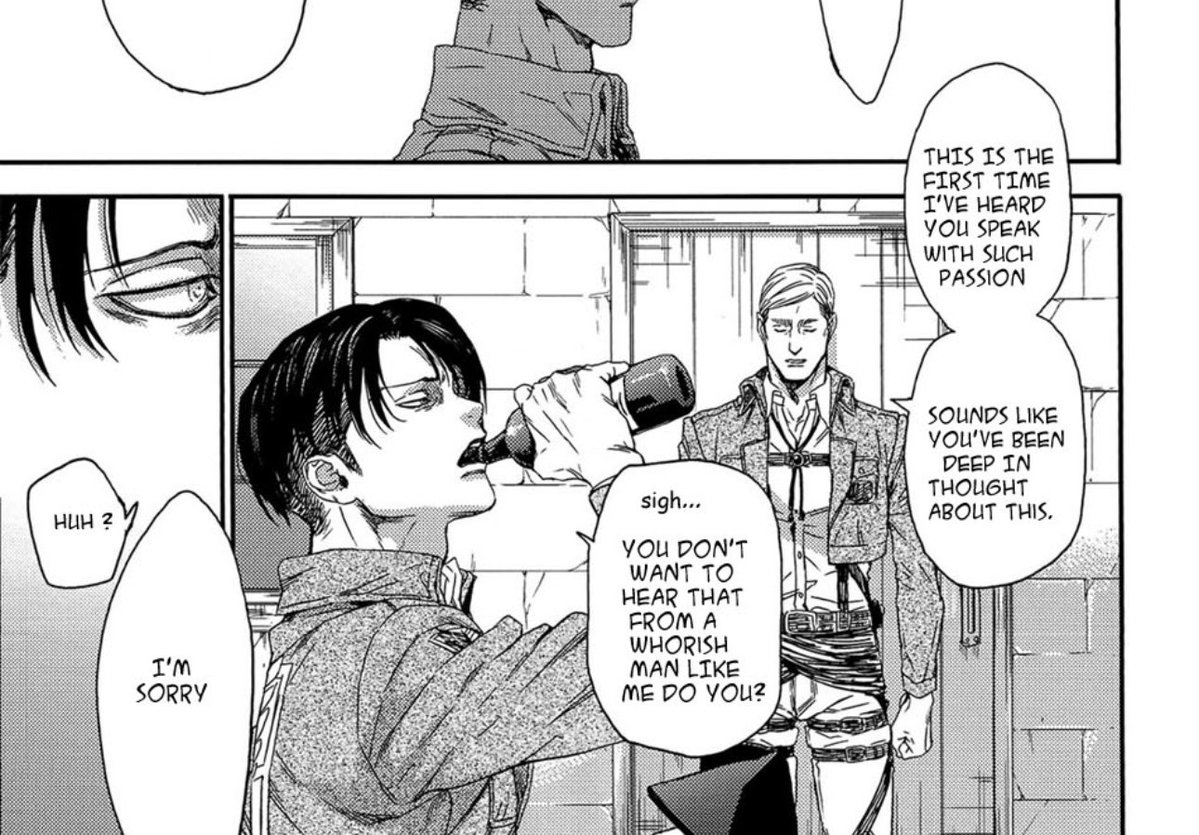 unhingedwanning's tweet photo. reminds me of one of the MOST popular attack on titan tattoos I’ve seen people get. straight up just a tumblr edit of a panel from some yaoi doujin 😭 like baby that is notttt the aot manga https://t.co/QpUQ5rUQOC