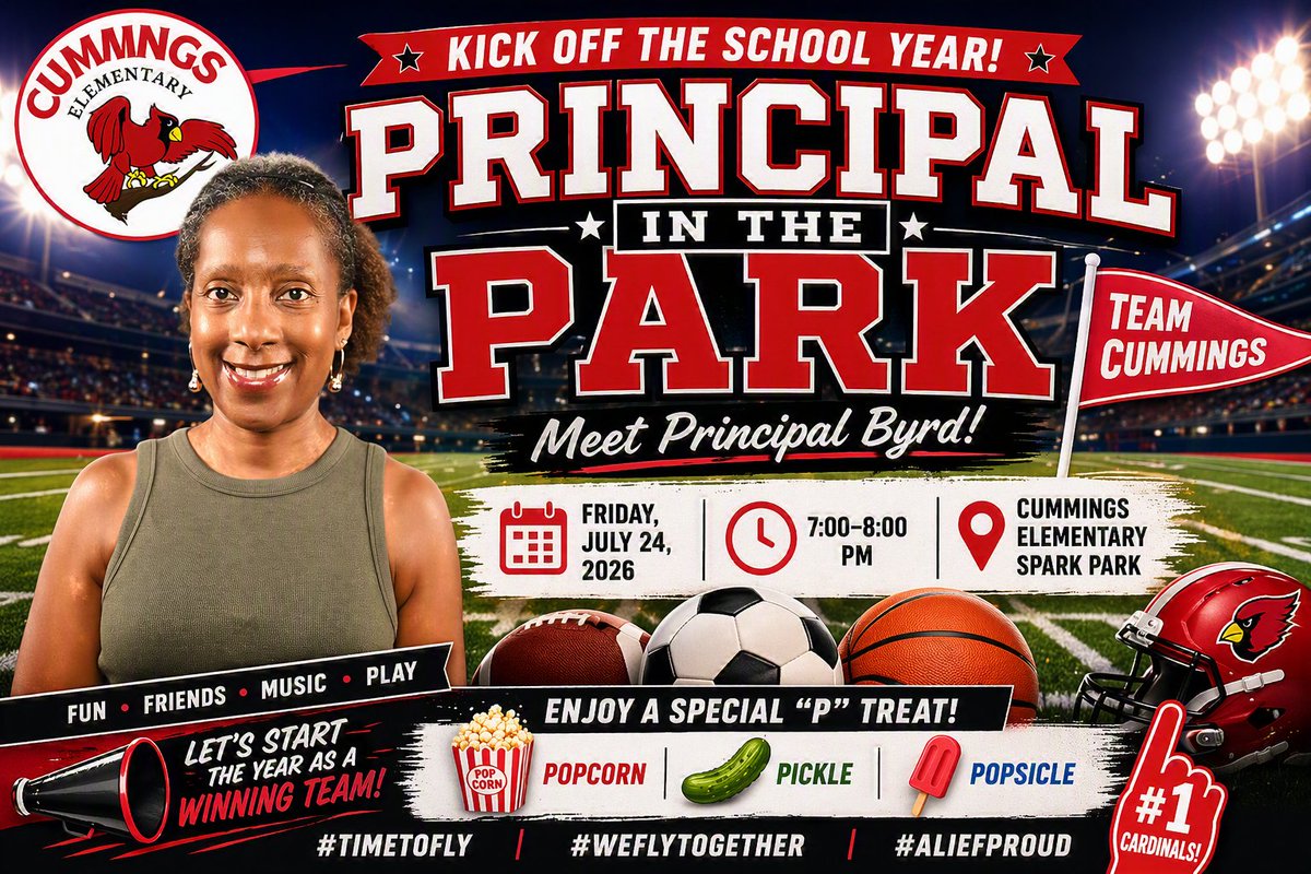 Cummings_Alief's tweet photo. 🏈This Friday!
Join Mrs. Byrd at Principal in the Park as we kick off the new school year!
📅 July 24
⏰ 7–8 PM
📍 Cummings Elementary Spark Park
🍿🥒🧊
#TimeToFly #WeFlyTogether #CardinalPride #AliefProud #CummingsStyle https://t.co/7NR2PQIjRE