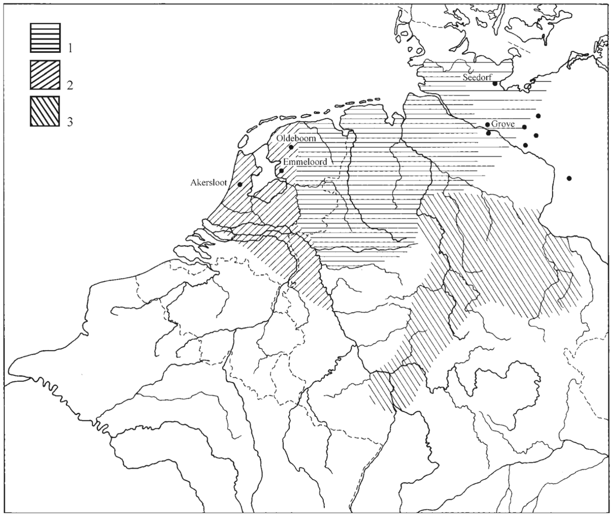 saxonnether's tweet photo. Distribution of Bell Beaker groups in NW Germany and the Netherlands.
(1) is the NE Dutch/NW German group, (2) the "Central Dutch", and (3) denotes the Ober-Olm type.
The dots in the east indicate pots decorated with one metope zone. https://t.co/XtLJrOuBP0