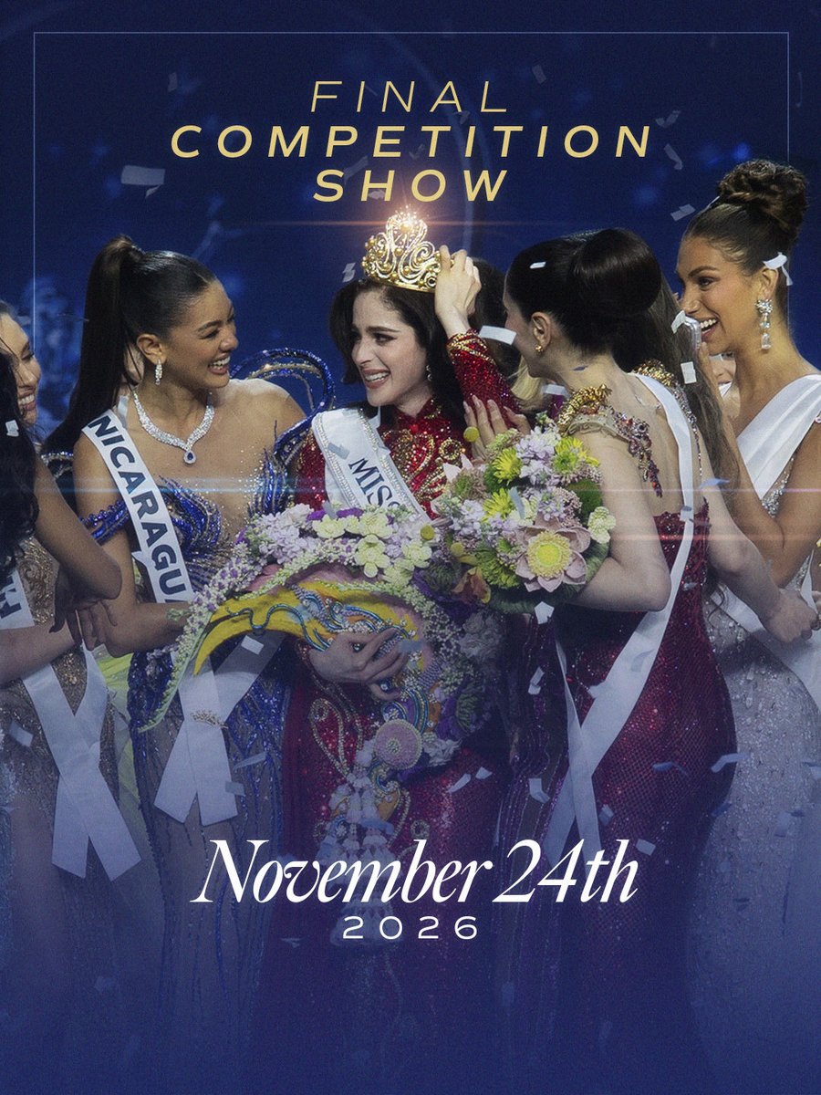 MissUniverse's tweet photo. This is the moment we’ve all been waiting for. ✨

The journey leads to November 24, when the world unites for the 75th Miss Universe Competition.

A celebration of beauty, purpose, and the women shaping the future.

Are you ready?

Ticket information for all three events will be announced soon! 🎟️