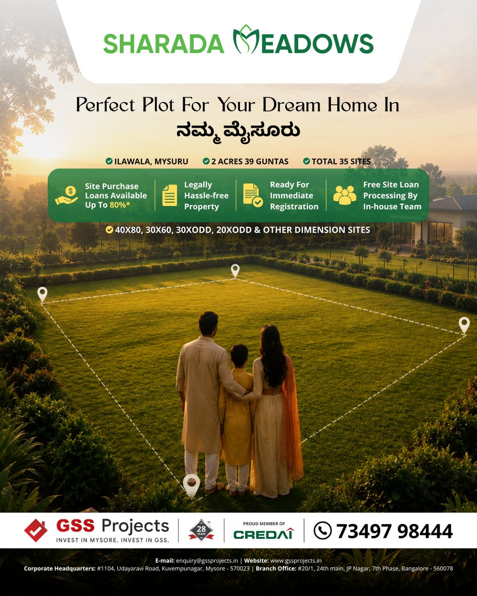 ProjectsGSS's tweet photo. Your Dream Home Begins Here!🏡
Own a premium residential plot at Sharada Meadows, Mysuru and build the home you've always dreamed of.
📞 Call Now: 73497 98444 🌐 https://t.co/V8D7BmRoxY

#SharadaMeadows #GSSProjects #Mysuru #MysoreRealEstate #PlotsInMysore #ResidentialPlots https://t.co/HM9vQwcGTQ