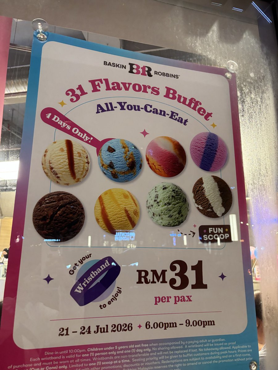 berryan0666's tweet photo. 2度目の
マレーシア31食べ放題チャレンジ

5歳以上は有料
前回は子供はRM15だったが
今回は大人と同額

店内は激寒なので上着必須
暖かいお茶を持ち込むのがオススメ

32種類から食べ放題できたので満足度高い

前回の教訓からか
スプーンは自分のを使い回しだった

RM155で62個
1スクープ100円！笑 https://t.co/VQBAjskLyS