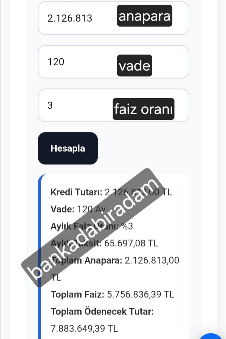 bankadabiradam's tweet photo. Ben size peşinatlı konut kredisinin mantığını anlatayım. 

Gerçek faiz oranını söyleyeyim.

✅️Normalde %1.99 3.000.000 120 ay vade

➡️Peşin ödeme tutarı 873.817 TL

Bu durumda gerçek kredi tutarımız 2.126.813 TL

Bu anapara üzerinden 120 ay 65.600 TL taksit ödersek faiz oranımız %3 olur.

Birazdan tüm finx camiası bunu copy pastel yapacaktır. Alıntı girenlere, beğenenlere, kaydedenlere şimdiden selam olsun:)