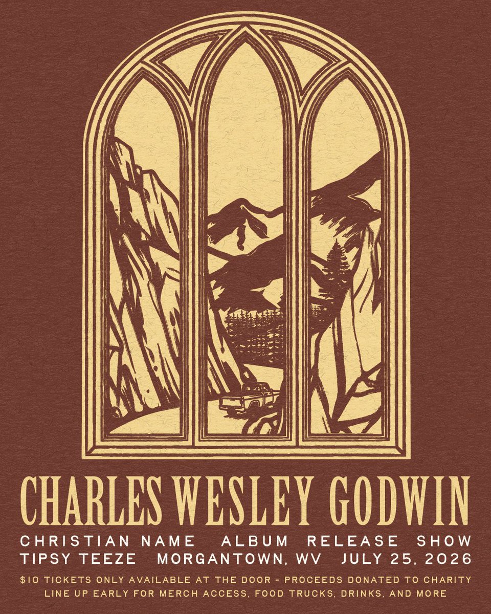 CharlesWesleyG's tweet photo. Morgantown! Nothing makes more sense than celebrating the release of Christian Name in my hometown. Join me this Saturday, July 25, at Tipsy Teeze for a special show and tailgate! Here are the details:

- Tickets are $10 and available only in person at the Tipsy Teeze box office.
- Tickets go on sale at noon on Saturday, July 25.
- Saturdays in Morgantown are for tailgating, so we'll have drinks, food trucks, and vendors on-site throughout the afternoon, as well as cornhole, merch, and Christian Name playing on the speakers. Come hang out!
- All proceeds from the show will benefit the WVU Children's Child Life Program.

Enter to win 2 guaranteed tickets and a signed show poster at the link below. See y’all there!
https://t.co/zMKGS4IVoO