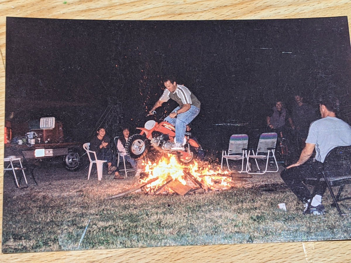 _ScottStephens's tweet photo. @Martyupnorth I had one as a pit bike for 20 years. It could sit for years with old gas and still start after a couple of kicks. Great little machine.

This is a photo I took of a friend at a party riding my Z50.  The rider is famous in racing circles. Can you name him? https://t.co/0hGRHVogts