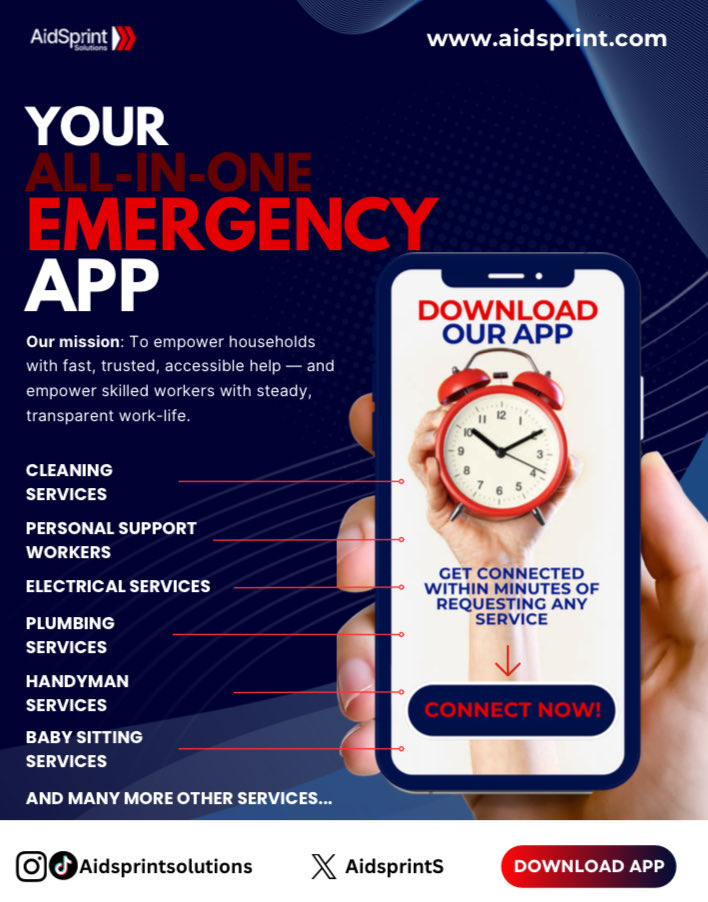 AidsprintS's tweet photo. Need fast, trusted help at home? 
.
.
"AidSprint Solutions" Your All-In-One Emergency App for every household need in Canada 🇨🇦 
.
From plumbing, electrical, handyman fixes to cleaning, babysitting .
.
Download the "AidSprint App " Now get help in minutes. 
.
#Aidsprint  #Toronto https://t.co/AkTqekFMsl