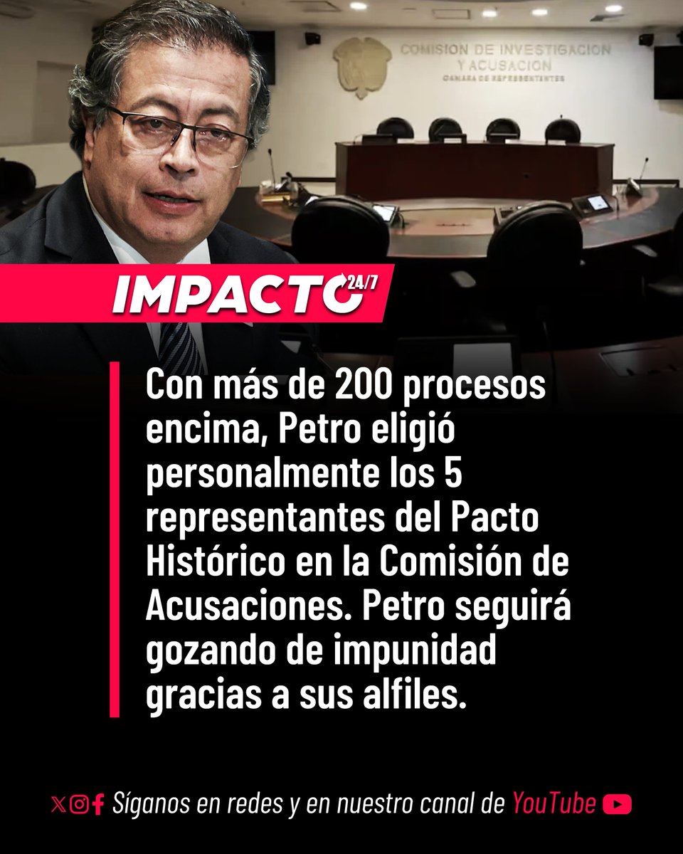 Impacto24_7's tweet photo. 🚨🇨🇴 COMISIÓN DE ABSOLUCIONES | La nueva Comisión de Acusaciones del Congreso quedó conformada y el Pacto Histórico aseguró cinco escaños para sabotear los procesos en contra de Gustavo Petro. Los cinco representantes petristas designados en la comisión son David Alejandro Toro, Heráclito Landinez, María del Mar Pizarro, Gabriel Becerra y Jorge Hernán Bastidas. Con esta presencia mayoritaria dentro de la célula legislativa, Petro asegura seguir atajando investigaciones y denuncias en su contra.