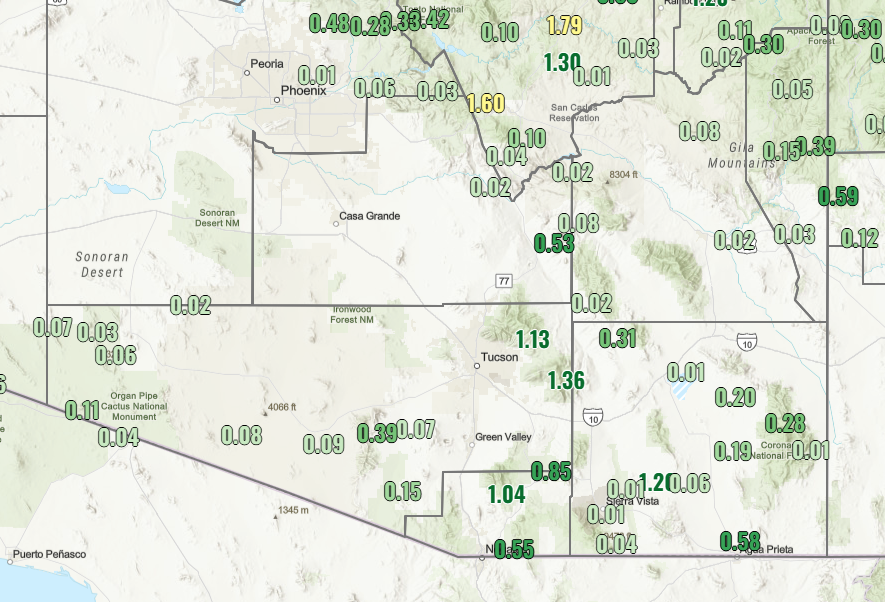 NWSTucson's tweet photo. Here are a handful of automated rain reports from the past day across southeastern Arizona. Lower rain chances today and tomorrow with just isolated thunderstorm activity expected. #azwx https://t.co/kiGE8RrCKx