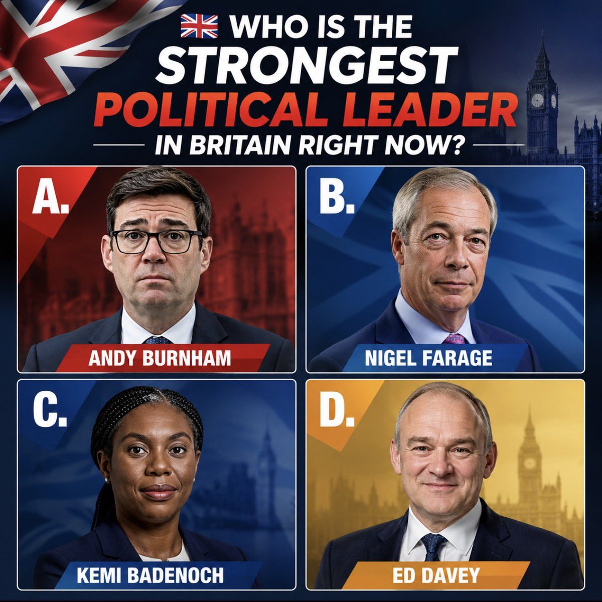GlamBecks21's tweet photo. 🇬🇧 Who is the strongest political leader in Britain right now?

A. Andy Burnham
B. Nigel Farage
C. Kemi Badenoch
D. Ed Davey https://t.co/fqLNohmkJo
