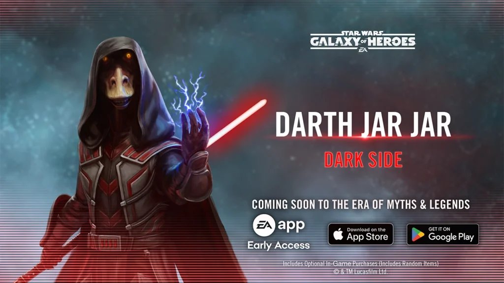 Daily_SWGames's tweet photo. ✨ A NEW ERA is coming to Star Wars Galaxy of Heroes...

The Myths &amp; Legends era will bring:

Darth Jar Jar
Mara Jade Skywalker
The Ronin
Starkiller (Luke Concept)
Jaxxon
Stormtrooper (Concept)
Yoda (Dark Side Vision) https://t.co/c5YVXpQHqp