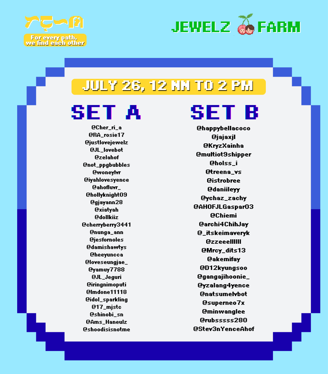 jewelzfarm's tweet photo. 🎉 Congratulations, players! 😉 Here are the players who earned the required number of Cherry Points and secured their spot!

Your event ticket will be sent to your email on or before Friday. Please present it on the day of the event.

Please arrive on time and follow the event schedule to ensure a smooth and enjoyable experience. See you there!

#JL #JUWON #제이엘 #박주원 #AHOF #아홉 @AHOF_official