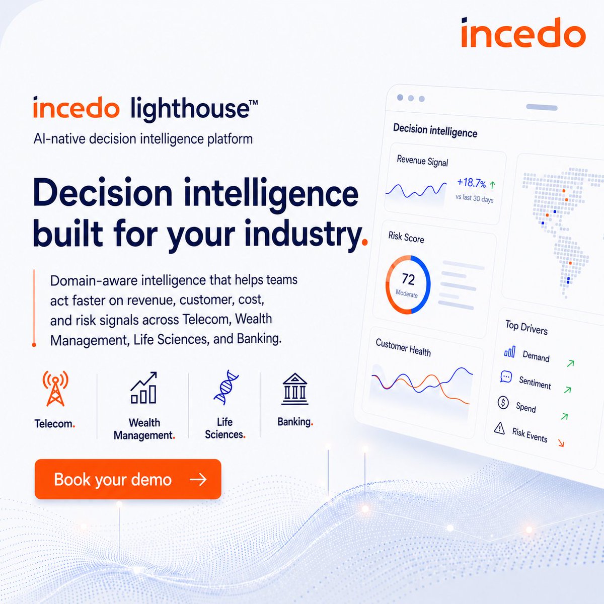 IncedoInc's tweet photo. Every industry has its own signals.

In telecom, it could be churn risk or ARPU erosion.
In wealth management, it could be AUM movement or client disengagement.
In life sciences, it could be commercial performance shifts or operational exceptions.

The challenge is not just detecting these signals.
It is understanding why they matter, what action to take, and how fast teams can respond.

Incedo Lighthouse brings domain-aware decision intelligence to high-stakes industries — helping teams act faster on revenue, customer, operations, and risk signals.

Built for the industries where every KPI shift matters.

Book your demo: https://t.co/0qAmT512zF

#Incedo #IncedoLighthouse #DecisionIntelligence #EnterpriseAI #AI #Telecom #WealthManagement #LifeSciences #DigitalTransformation #BusinessOutcomes #IndustryAI