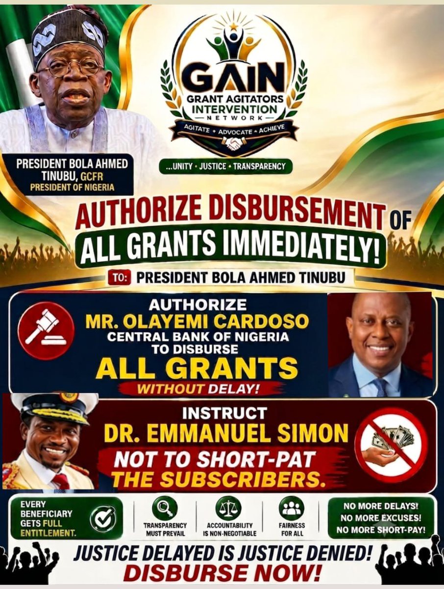 GrantCommuUnite's tweet photo. Behind every delayed disbursement is a family, a business, and a dream on hold. Join us in calling for transparency, and fair disbursement for every eligible beneficiary. Every voice matters.

@GrantCommuUnite
#GrantTransparency
#DisburseTheGrants
#AccountabilityMatters
 @realDonaldTrump 
@officialABAT @NigeriaGov @FMFBNigeria @WorldBank @IMFNews @UN_Nigeria @UNDP @ChannelsTV @ARISEtv @BBCWorld @CNN
#WhereIsOurGrant #GrantTransparency #GrantAccountability #Nigeria #MSME #YouthEmpowerment #Entrepreneurship #SupportSmallBusinesses #OpenGovernment #EconomicJustice #GAIN #GrantBeneficiaries