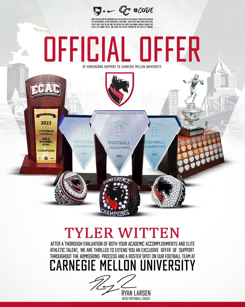 TylerWitten42's tweet photo. After a great conversation with @CoachGibboney, I am very excited to have received an offer from @TartanFB

@jbuttermore2 @GoldenBears_FB @CoachV_Football @CoachRyanLarsen https://t.co/HtVn7aykFF