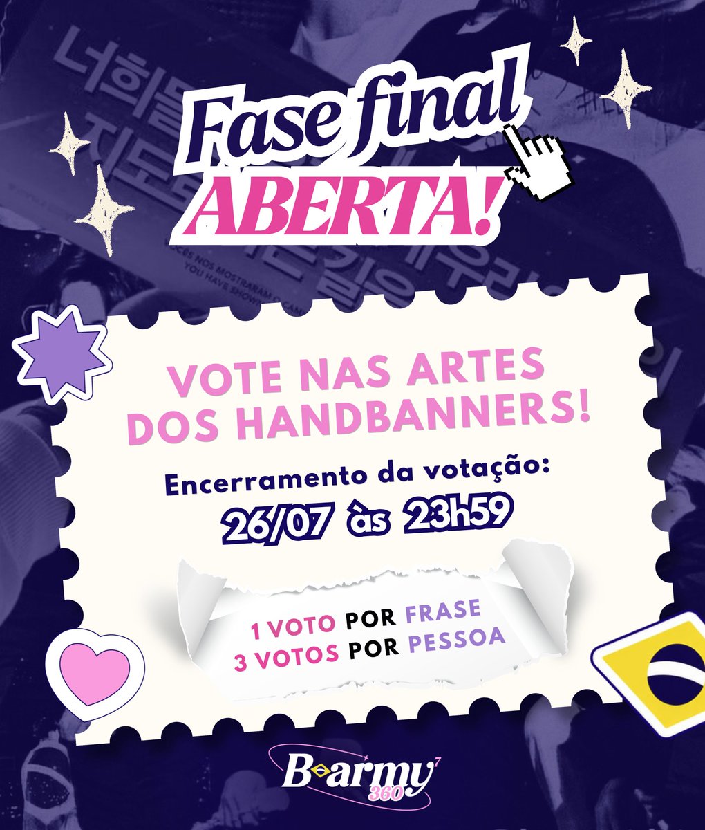 itsjeonjm's tweet photo. 🗳️ | A FASE FINAL DA VOTAÇÃO DOS HAND BANNERS COMEÇOU! 💜

A reta final chegou! Depois de duas etapas de votação e milhares de votos, chegou o momento de escolher as artes que estarão presentes nos shows do BTS no Brasil!

📅 Fase final: de 22 de julho, às 12h, até 26 de julho, às 23h59.

✨ | COMO FUNCIONA PARA VOTAR?!

👉🏻 Nesta fase, cada pessoa deverá escolher 1 arte por frase, totalizando 3 votos.

👉🏻 A arte mais votada de cada frase será a grande vencedora e estará presente nos hand banners distribuídos durante os shows do BTS no Brasil.

👉🏻 O número de votos das artes continuará oculto para garantir uma votação ainda mais equilibrada.

👉🏻 Seu voto não será contabilizado automaticamente. É necessário clicar em "Confirmar voto" ao final da página para finalizar sua participação.

🚨 LEIA COM ATENÇÃO TODOS OS AVISOS DISPONÍVEIS NO SITE!

⚠️ Antes de confirmar, analise todas as artes com atenção. Após a confirmação, não será possível alterar seus votos.

💜 Reforçamos a importância do respeito com todos os participantes. Comentários ofensivos, ataques pessoais ou qualquer forma de desrespeito aos artistas, participantes ou à equipe da B-ARMY360 não serão tolerados.

📊 O resultado da votação será divulgado após o encerramento da fase final, no dia 27/07, juntamento com as datas de cada uma das artes vencedoras.

Contamos com toda a B-ARMY para participar e divulgar esse projeto. Vamos construir juntos um momento inesquecível para os shows do BTS no Brasil! 💜

🔗 VOTE AQUI: https://t.co/0IELNIRCvM

Sigam: @BARMY_360
#BARMY360 #BARMY360HandBanner 
VOTA NO BANNER BARMY