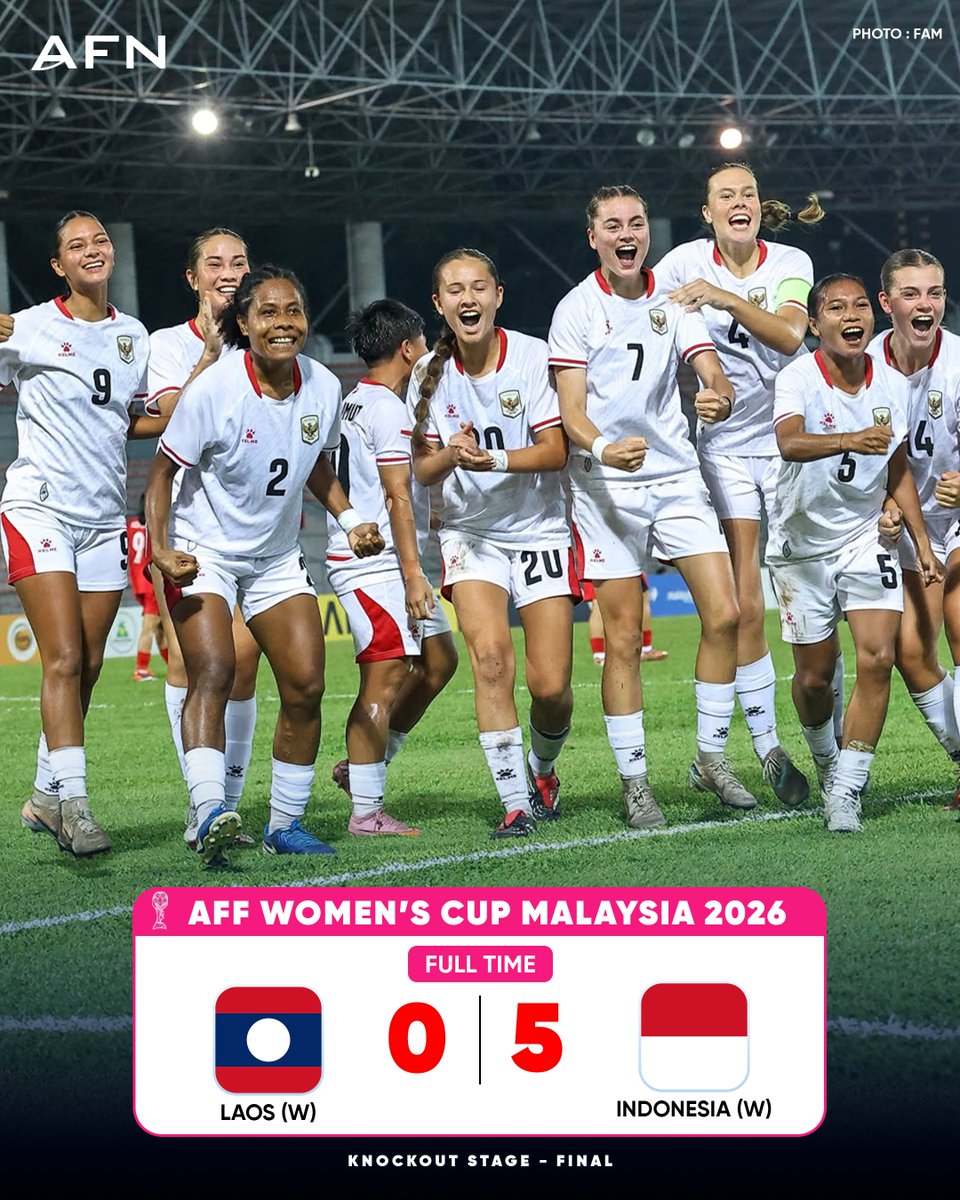 theafndotcom's tweet photo. 🏆 AFF Women’s Cup Malaysia 2026 - Final
FT:  Laos (W) 🇱🇦 0️⃣-5️⃣ 🇮🇩 Indonesia (W)
-----
#AFFWomensCup2026 #AFFWomensCup #WomensFootball #ASEANFootball #AFN https://t.co/jCHNWfTEt1