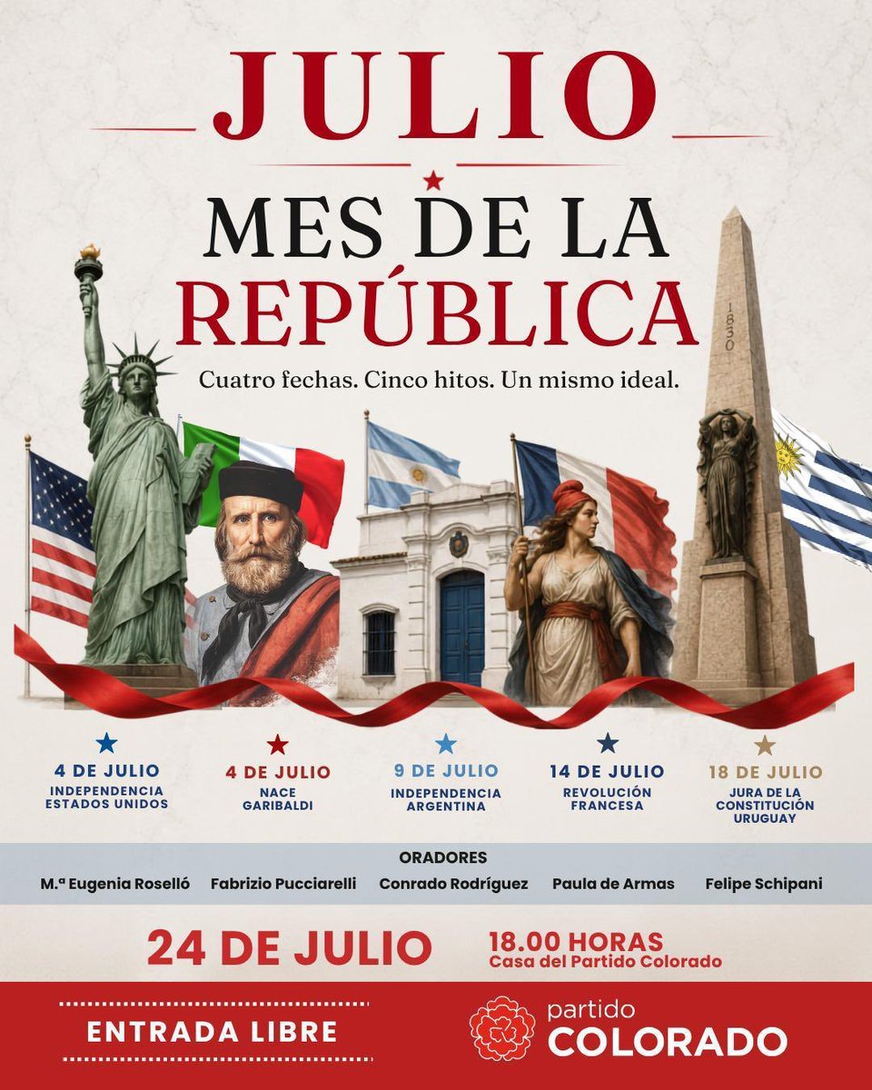 AndresOjedaOk's tweet photo. Ya que el gobierno decidió suspender el acto del 18 de julio, el @PartidoColorado hará una celebración de julio como “mes de la República” recordando: 
- la independencia de los Estados Unidos 
- el nacimiento de Garibaldi
- la independencia argentina 
- la revolución francesa 
- la jura de NUESTRA Constitución.

Gracias @JMaSanguinetti por ser el motor de todo esto!

Nos vemos el viernes a las 18 horas en la casa del @PartidoColorado