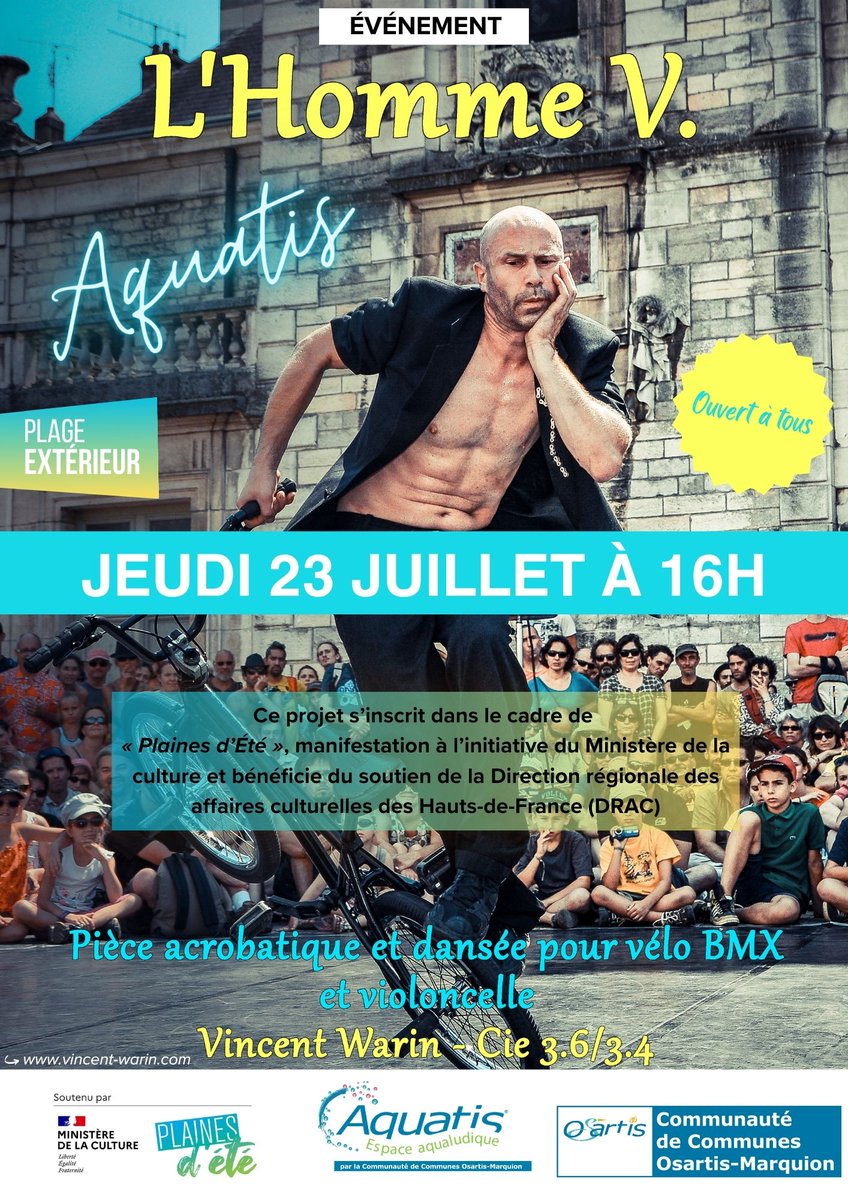 espace_Aquatis's tweet photo. 🚲Du BMX, de la danse et de la musique à Aquatis ! 
Découvrez « L’Homme V » de la compagnie 3.6/3.4
📅 Jeudi 23 juillet à 16h
📍 Plage extérieure d’Aquatis
🎟️ Gratuit, ouvert à tous !
Dans le cadre de Plaines d’Été soutenu par la DRAC HDF
#Aquatis #OsartisMarquion #PlainesDEte https://t.co/cyJrfjRR3K