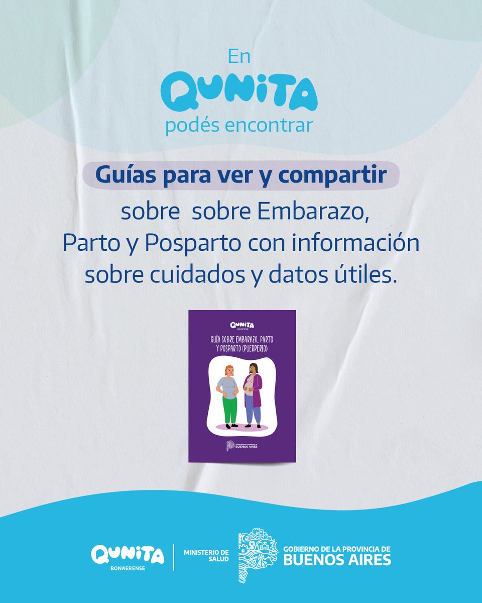 SaludBAP's tweet photo. 📑 En la web de #QunitaBonaerense podés encontrar Guías sobre embarazo, parto y posparto con información sobre cuidados y datos útiles.

https://t.co/cv0CCKKBgh https://t.co/d2b9RaDl9A