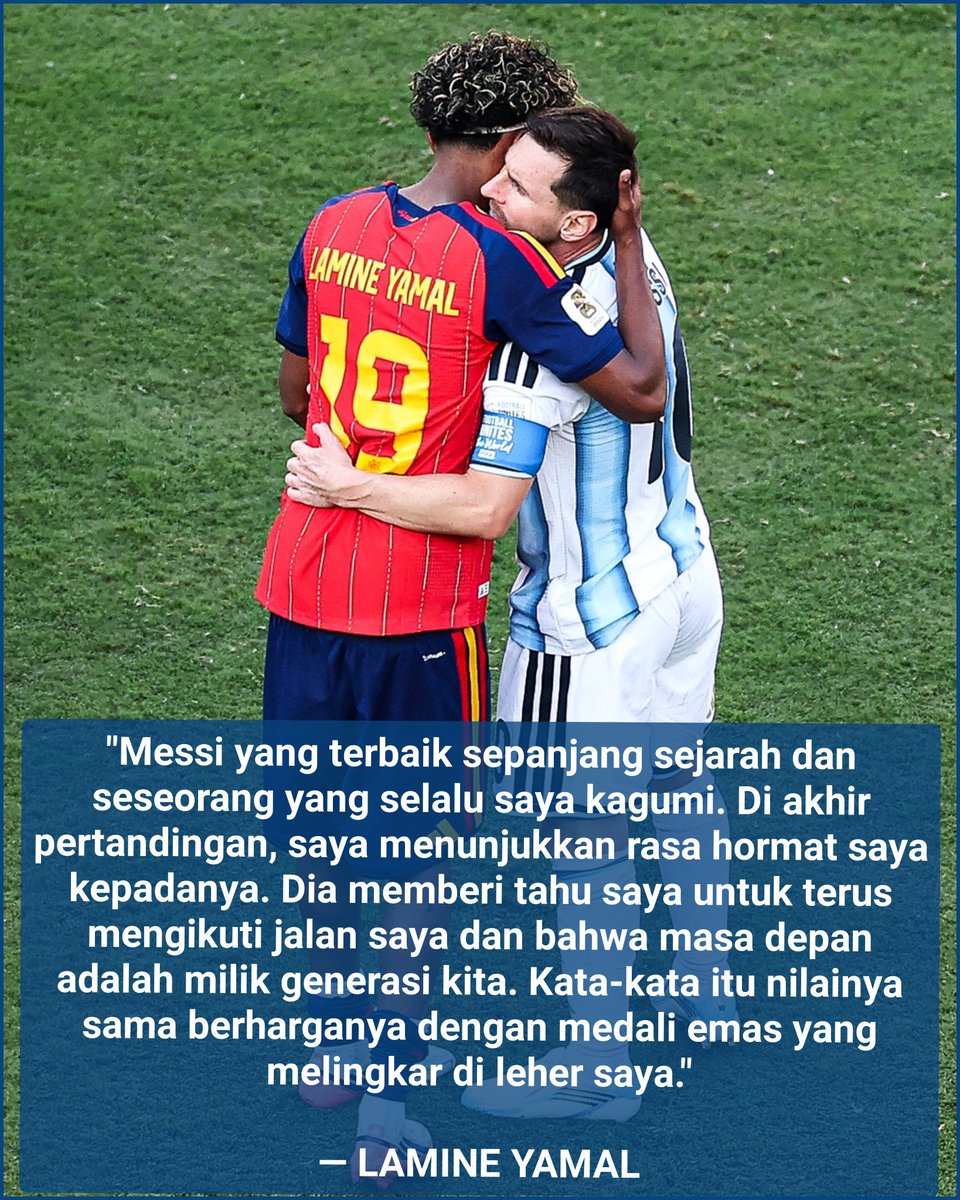 M0ATH's tweet photo. نهاية قصة الصورة الاشهر في كاس العالم لهذه السنه، بعد اللقاء بين اسبانيا والارجنتين في نهائي كاس العالم وانتصار اسبانيا ذهب لامين يامال ليحيي ويعانق ميسي، وصرح لامين عن الحوار اللي دار بينهم بهذي اللحظة وقال:

"ميسي هو الأفضل في التاريخ وشخص طالما أعجبت به، في نهاية المباراة، أظهرت له احترامي، وقال لي أستمر في السير على طريقك وأن المستقبل لجيلكم…

تلك الكلمات تعادل في قيمتها الميدالية الذهبية التي تلتف حول عنقي"
