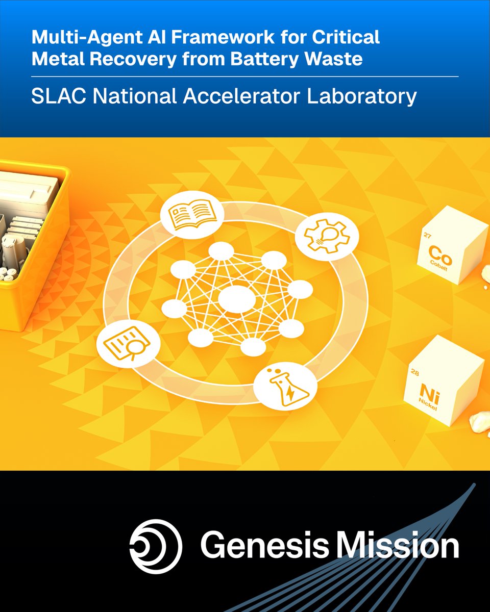 SLAClab's tweet photo. Recovering materials from batteries 🪫

SLAC is leading a U.S. Department of @ENERGY Genesis Mission project, in collaboration with @USC researchers, to develop AI tools that improve recovery of critical metals from spent lithium-ion batteries: https://t.co/66gldn42hm https://t.co/mXmEubi1CD