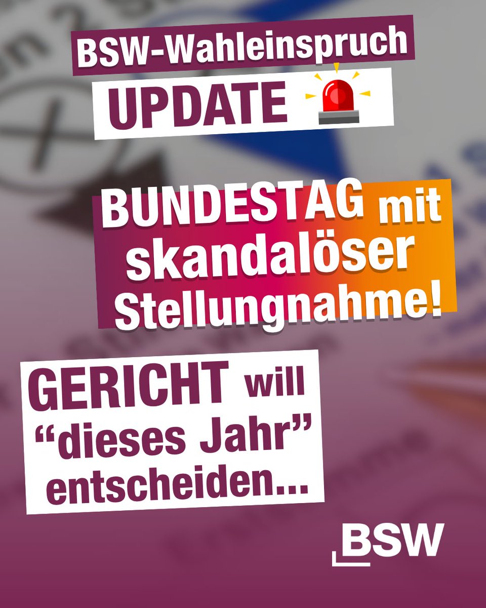 BSWbund's tweet photo. Neuigkeiten zu unserem #Wahleinspruch 🚨

Wir haben die skandalöse Stellungnahme des Bundestags erwidert. Denn sie ignoriert unsere vorgelegten Beweise entweder oder verzerrt sie, um eine #Neuauszählung der #Bundestagswahl zu verhindern. Das ist ein demokratischer Skandal!

Nun bleibt unserer Partei die Hoffnung auf eine schnelle Entscheidung des Bundesverfassungsgerichts. Dessen Sprecherin teilte nun mit, dass eine „Entscheidung in diesem Jahr“ angestrebt werde…

Die katastrophale #Bundesregierung macht die Bevölkerung mit ihren „Reformen“ immer ärmer und setzt uns mit ihrer Konfrontationspolitik einer echten Kriegsgefahr aus. Während diese Politik höchstwahrscheinlich noch nicht einmal über eine legitime Mehrheit verfügt, wissen wir eineinhalb Jahre nach der Bundestagswahl immer noch nicht genau, wann über unseren Wahleinspruch entschieden wird. Wie kann das sein?

@FabioDeMasi, BSW-Vorsitzender: „Der Bundestag verlangt einen Beweis, der erst durch Neuauszählung erbracht werden kann.“

@Amira_M_Ali Ali, BSW-Vorsitzende: „Es geht um nicht weniger als um die Frage, ob wir in einer Demokratie leben oder nicht.“

@SWagenknecht, BSW-Gründerin und Leiterin der Grundwertekommission: „Wenn das Bundesverfassungsgericht die Argumentation des Bundestages absegnet, wären in Zukunft falsche Wahlergebnisse nicht nur durch Zählfehler, sondern auch durch echte Wahlfälschung möglich.“