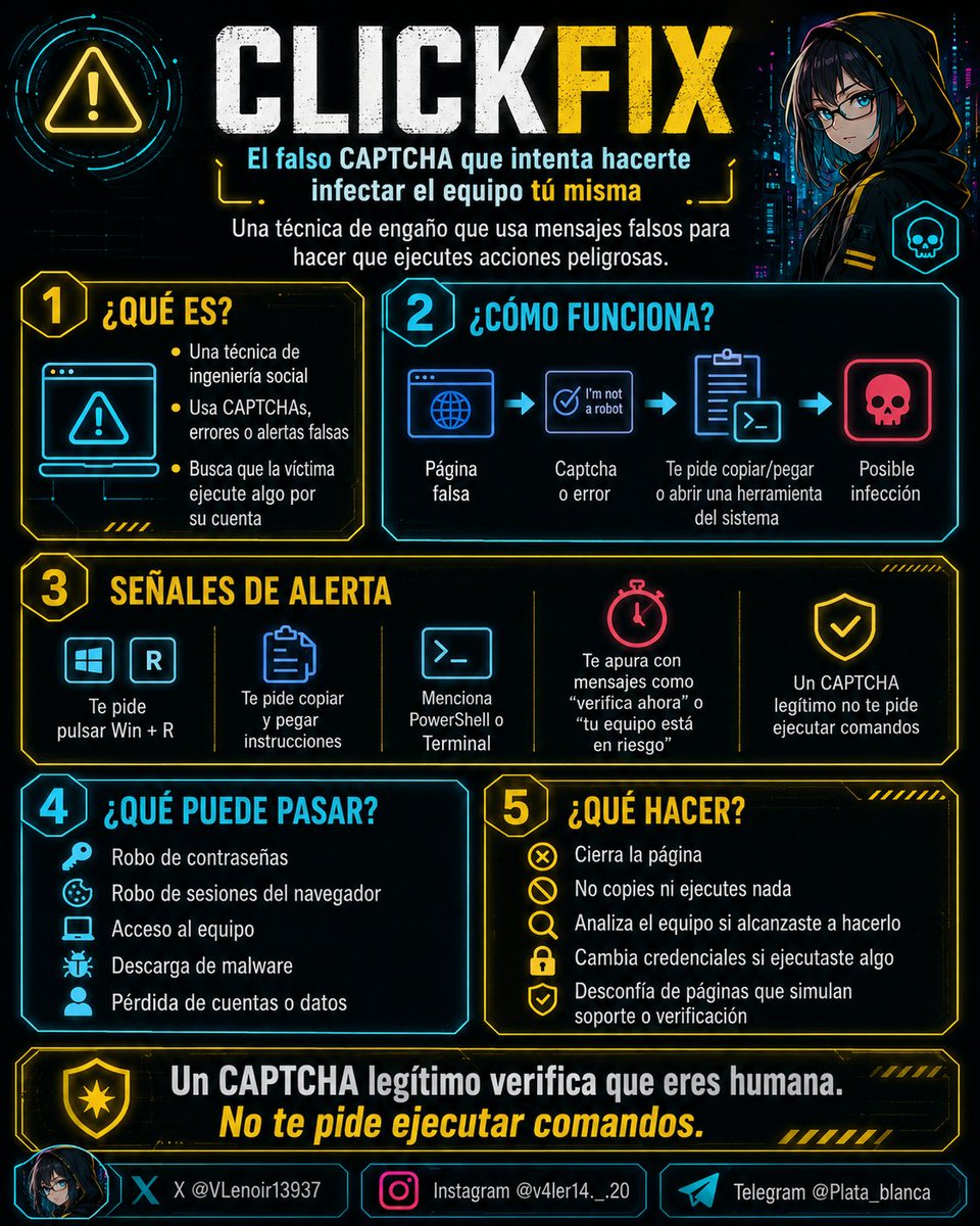 VLenoir13937's tweet photo. Un CAPTCHA legítimo verifica que eres humana.
No te pide abrir Win + R, PowerShell o Terminal, ni copiar comandos en tu computador.
Eso puede ser ClickFix: una técnica que usa falsos errores o verificaciones para lograr que tú misma ejecutes el malware.
¿Ya habías visto una página así?
#CyberSecurity #ClickFix #Ciberseguridad
