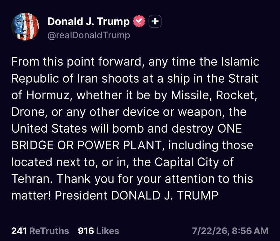 DanielMuvdiYT's tweet photo. El presidente Donald J. Trump:

“A partir de este momento, cada vez que la República Islámica de Irán dispare contra un barco en el Estrecho de Ormuz, ya sea con un misil, cohete, dron o cualquier otro dispositivo o arma, Estados Unidos bombardeará y destruirá UN PUENTE O UNA PLANTA ELÉCTRICA, incluidas aquellas ubicadas junto a, o dentro de, la capital, Teherán.Gracias por su atención a este asunto”.

¿Será que ahora sí se quedan quietos o se les da por poner a prueba a Trump?