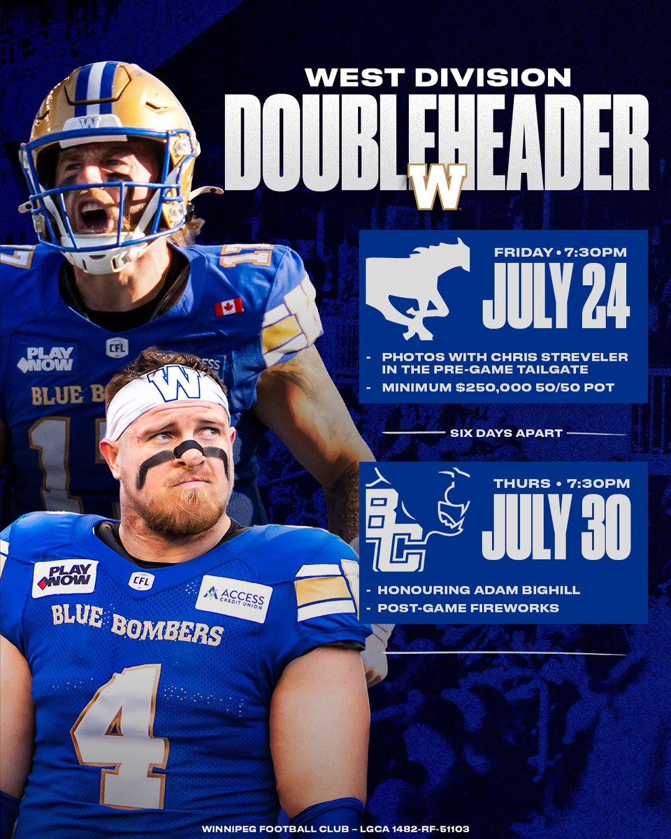 Wpg_BlueBombers's tweet photo. THE WILD WEST IS SERVING UP A DOUBLE SHOWDOWN.
🤠 July 24: Strev is BACK for a tailgate takeover.
🎆 July 30: The RETURN of Adam Bighill, capped off with a post-game fireworks spectacular.
Get those tickets before they're gone! » https://t.co/1FlCx1lkSI
#ForTheW https://t.co/Dmae6nUWCE