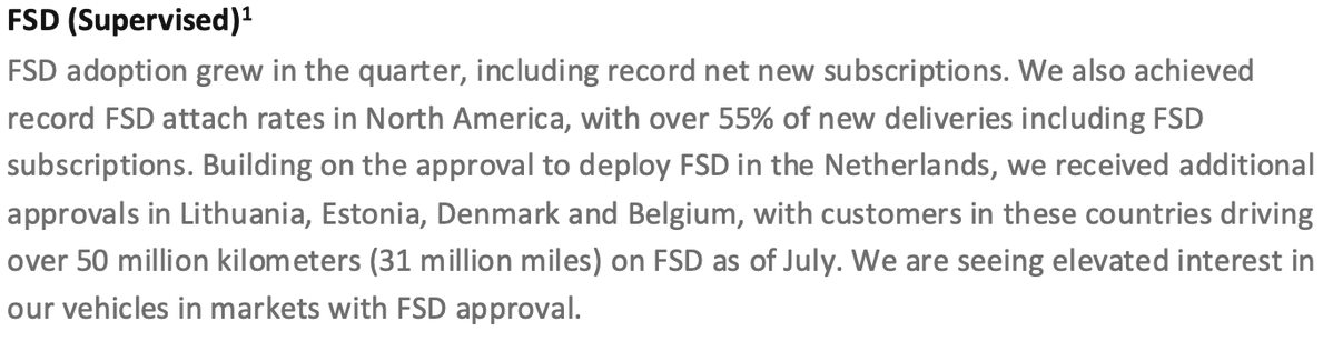 MeAhren's tweet photo. 🧐Some really interesting comments in the $TSLA Q2 Shareholder Deck!

"We also achieved record FSD attach rates in North America, with over 55% of new deliveries including FSD subscriptions"

"We are seeing elevated interest in our vehicles in markets with FSD approval" https://t.co/Ows2rZpKYM