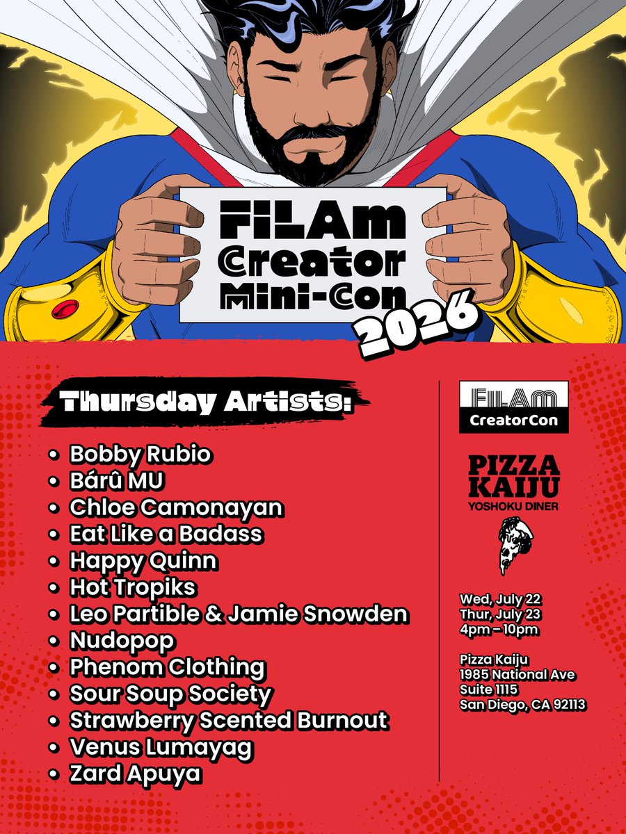 FilAmCreatorCon's tweet photo. OUR TWO DAY POP UP EVENT DURING #SDCC STARTS TODAY! 

Eat pizza, buy incredible art, and support the community. 🍕

Thanks to Pizza Kaiju for giving us this space do showcase FilAm creative talent during San Diego #ComicCon 2026!

#FilAmCreatorCon #FilAmCreatorMiniCon #PizzaKaiju https://t.co/d9WHA4p3dX