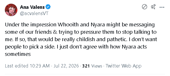 whooithvibe's tweet photo. I just saw this

I don't give a flying fuck if someone agrees with you Ana.

The only person in the wrong here is you for making a nothingburger public, people are allowed to side with whoever they think is in the right, I just think they're stupid.
 
Why I said "Do Better" 

You are the one who took it as an attack and instantly blocked instead of idk..reflecting? Communicating? Doing anything besides manufacturing drama?

Kind of like you never reflected when you told me you would stay out of my beef with our mutual friend and than proceeded to take a side anyway.

You are a pathetic person, I am moving on from this though, as you are making it very clear you don't care to hear out anyone besides your own side, because you can't POSSIBLY in the wrong here.

Do Better. 👋