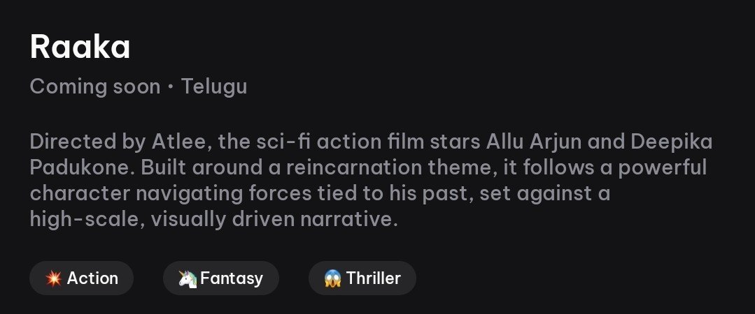 AlluArjunFFANS's tweet photo. Sci-fi ✅
Reincarnation ✅
Fantasy ✅
Thriller ✅

A massive, visually driven story starring Allu Arjun under Atlee’s direction.

If #Raaka delivers what’s promised here, we could be witnessing one of Indian cinema’s most ambitious films. 🔥 https://t.co/i9xwgJW7Th