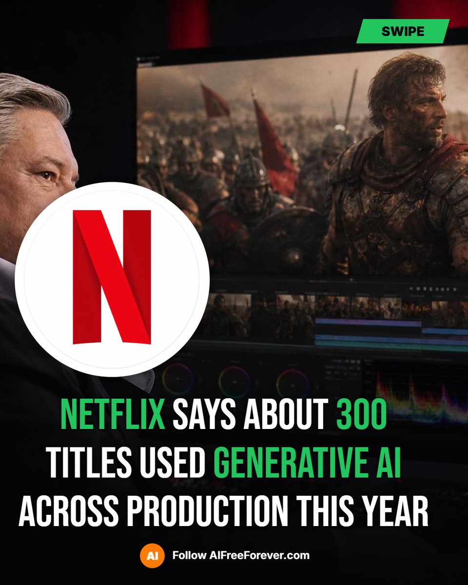 aifreeforever's tweet photo. Netflix says generative AI has already shown up across roughly 300 titles this year, mostly in post-production.
#Netflix #GenerativeAI #TedSarandos #AIvideo #PostProduction #TheAmericanExperiment #Glory #Brasil70 #Streaming https://t.co/kyplQO292U