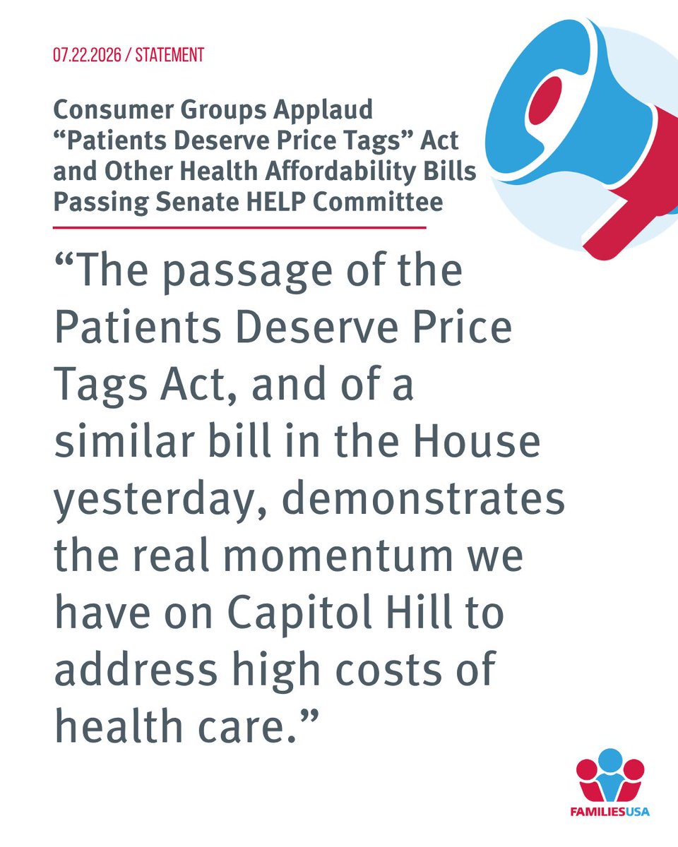 FamiliesUSA's tweet photo. POLICY WIN 🎉: Today, the Senate HELP Committee passed the Patients Deserve Price Tags Act — the strongest version of hospital price transparency legislation discussed in Congress this year — as well as other health affordability bills. https://t.co/0IvTxbUiRB